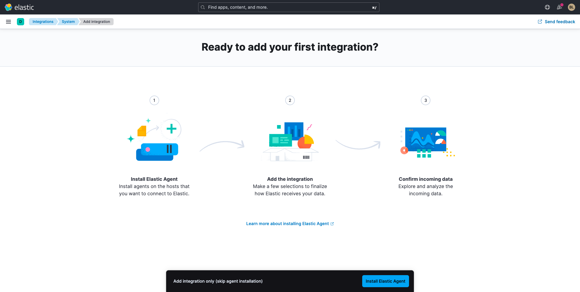 Elastic Observability prompt to install Elastic Agent