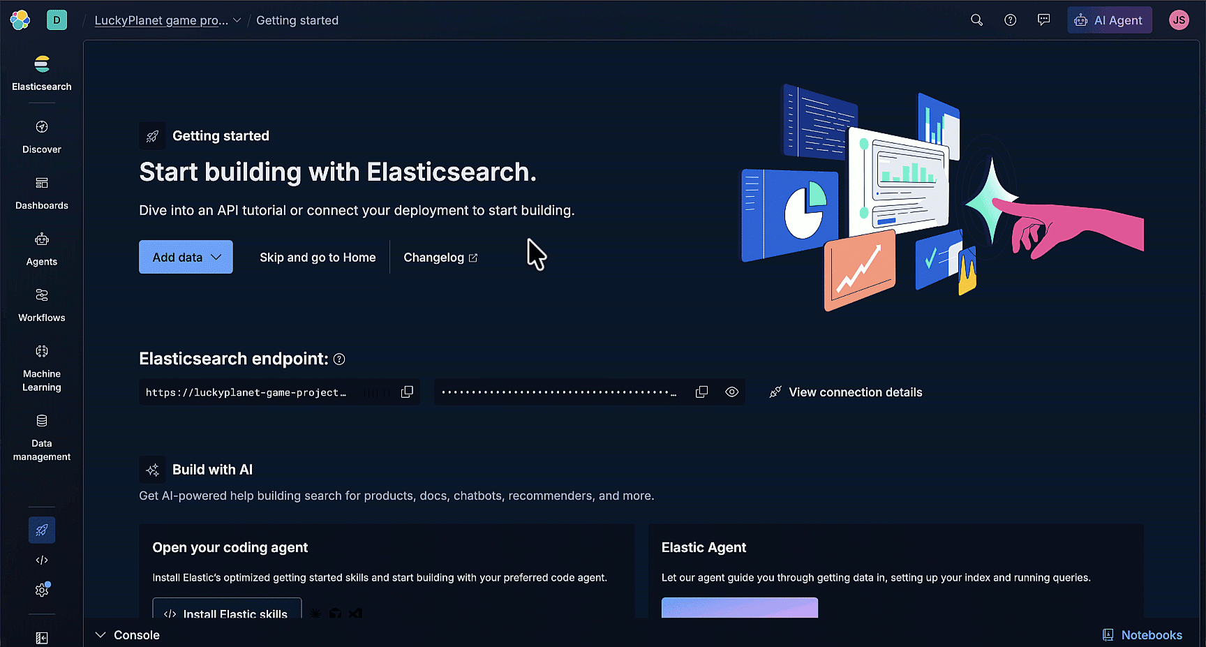 Animated tour of the “Getting started” interface for Elasticsearch in dark mode, showing how to add data.