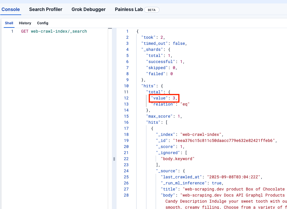 Kibana DevTools-Code zur Bestätigung, dass der Webcrawler-Index korrekt eingerichtet ist.