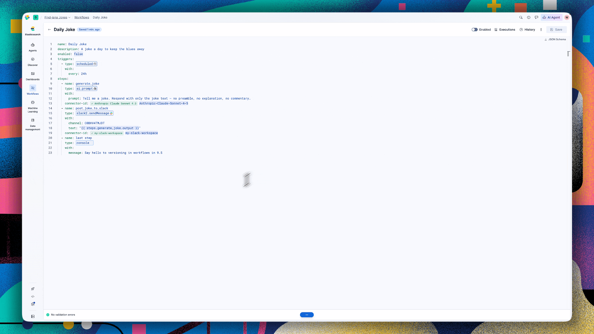 Toggling between the Elastic Workflows YAML editor and the visual graph view of a workflow's steps and branches