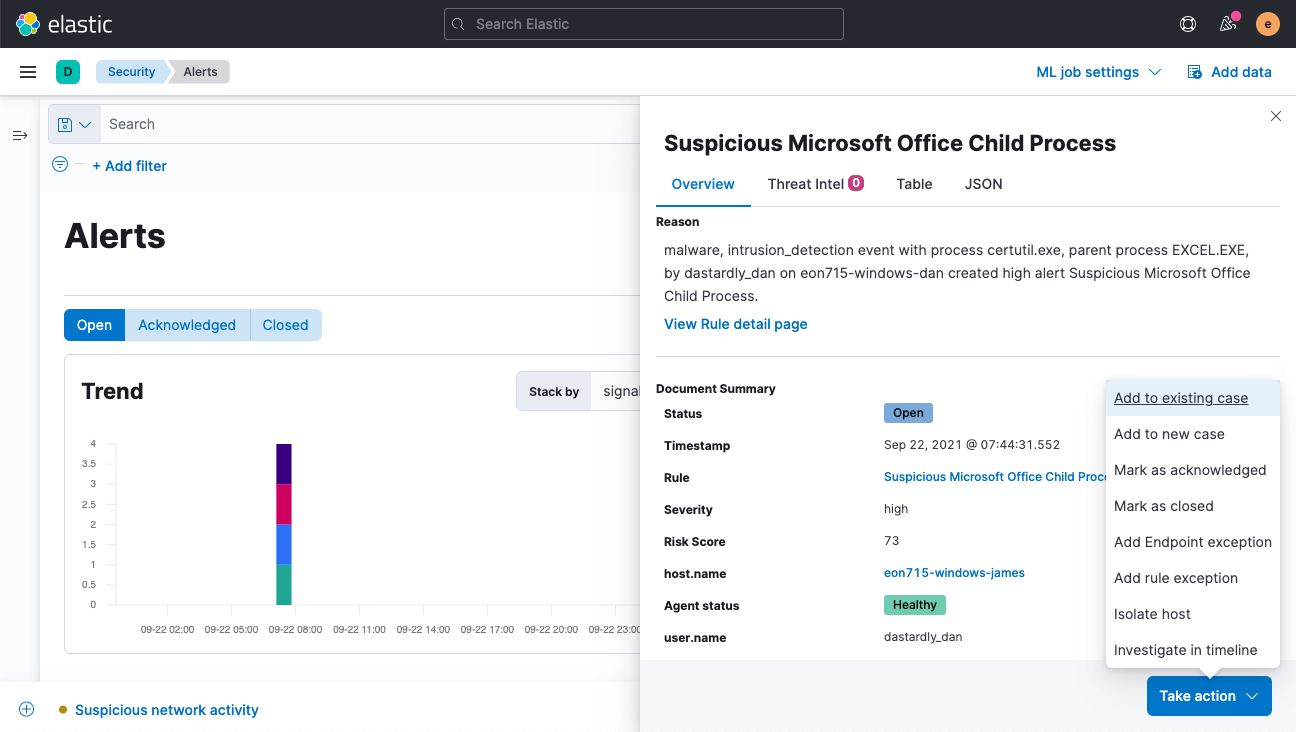 Elastic Security 7.15 alert flyout