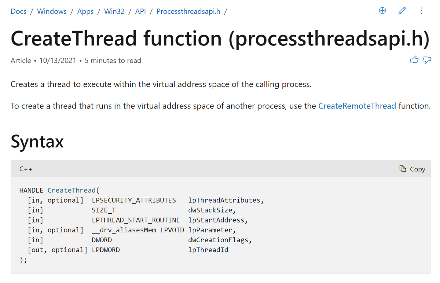 Microsoft documentation for the CreateThread API