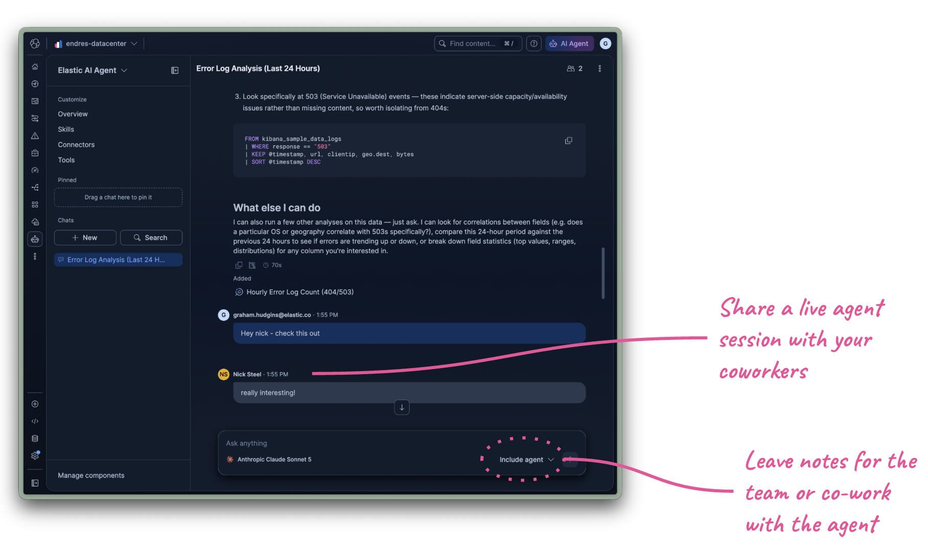 Shared Agent Builder session in Kibana with two participants and the Include agent control for team notes