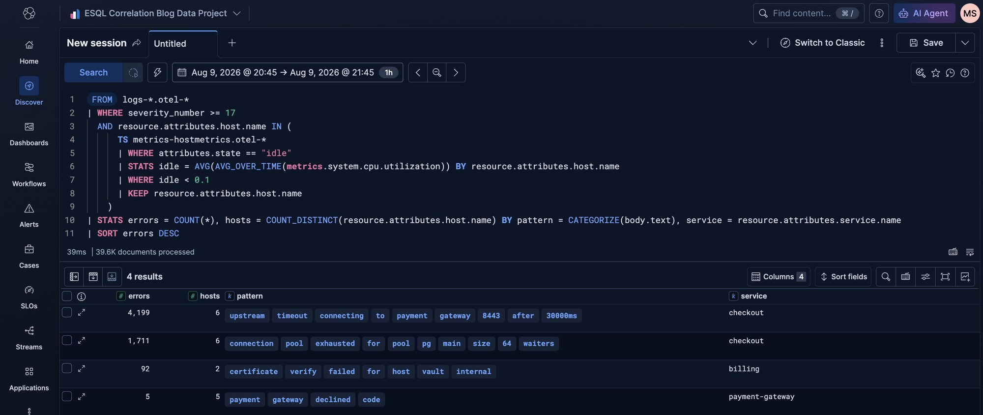 Discover ES|QL results showing error log patterns grouped by CATEGORIZE for hosts above 90% CPU
