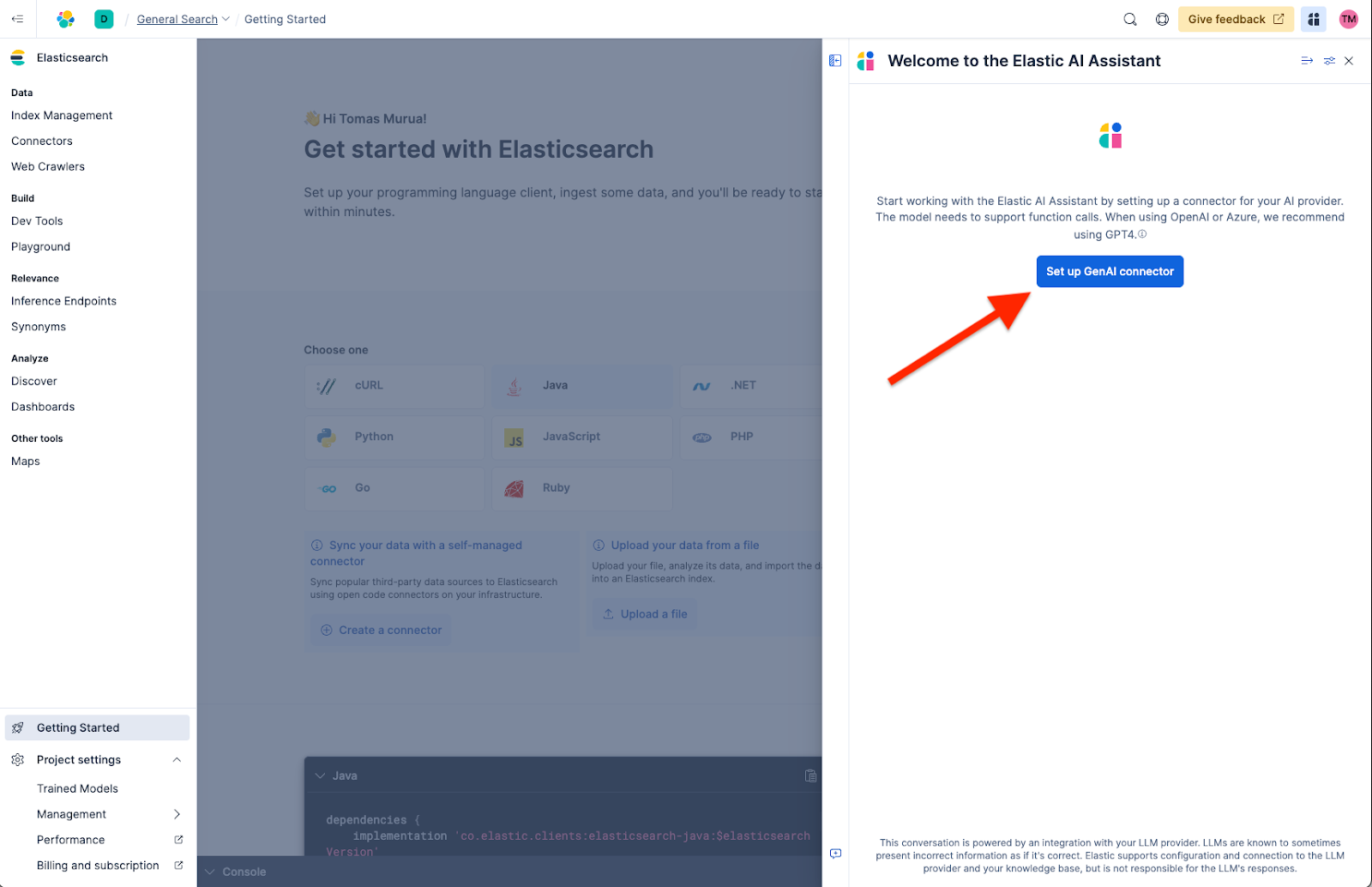 How to configure a GenAI connector in the AI Assistant UI in Kibana.