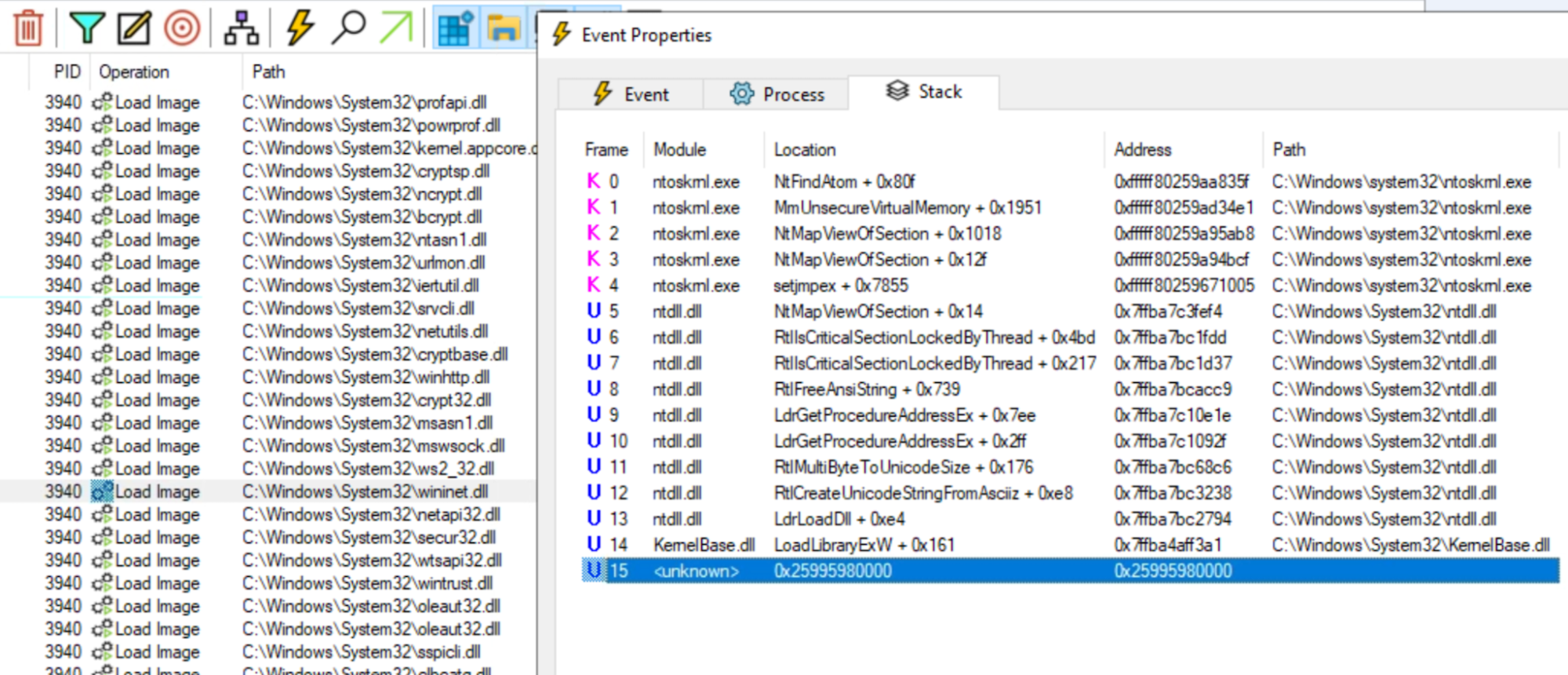 Truncated call stack when loading wininet.dll