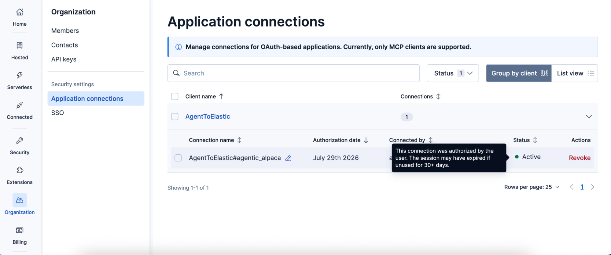 Application connections page in Elastic Cloud showing an active OAuth MCP client connection with option to revoke access
