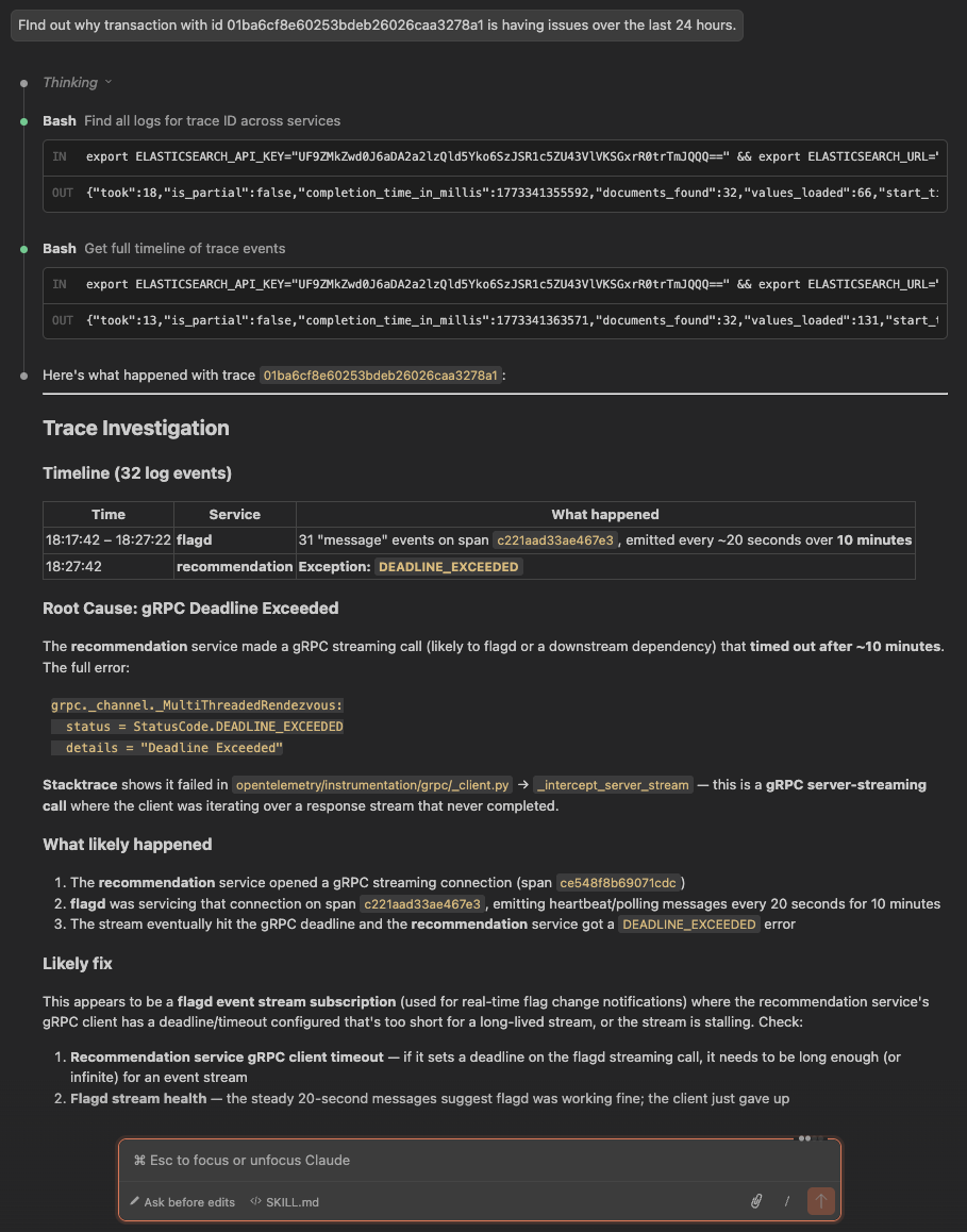Claude Code interaction for log-search skill