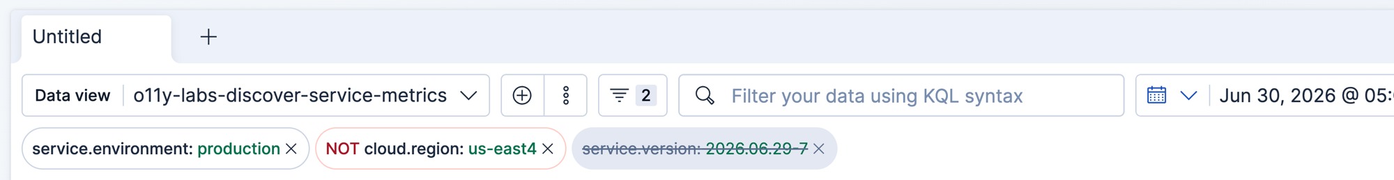 Discover with the service metrics data view selected and three filter pills