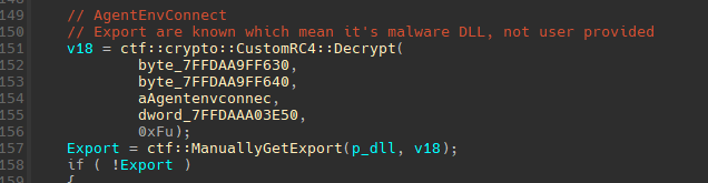 TELEPUZ AgentEnvConnect export function using CustomRC4 decryption with known malware DLL exports