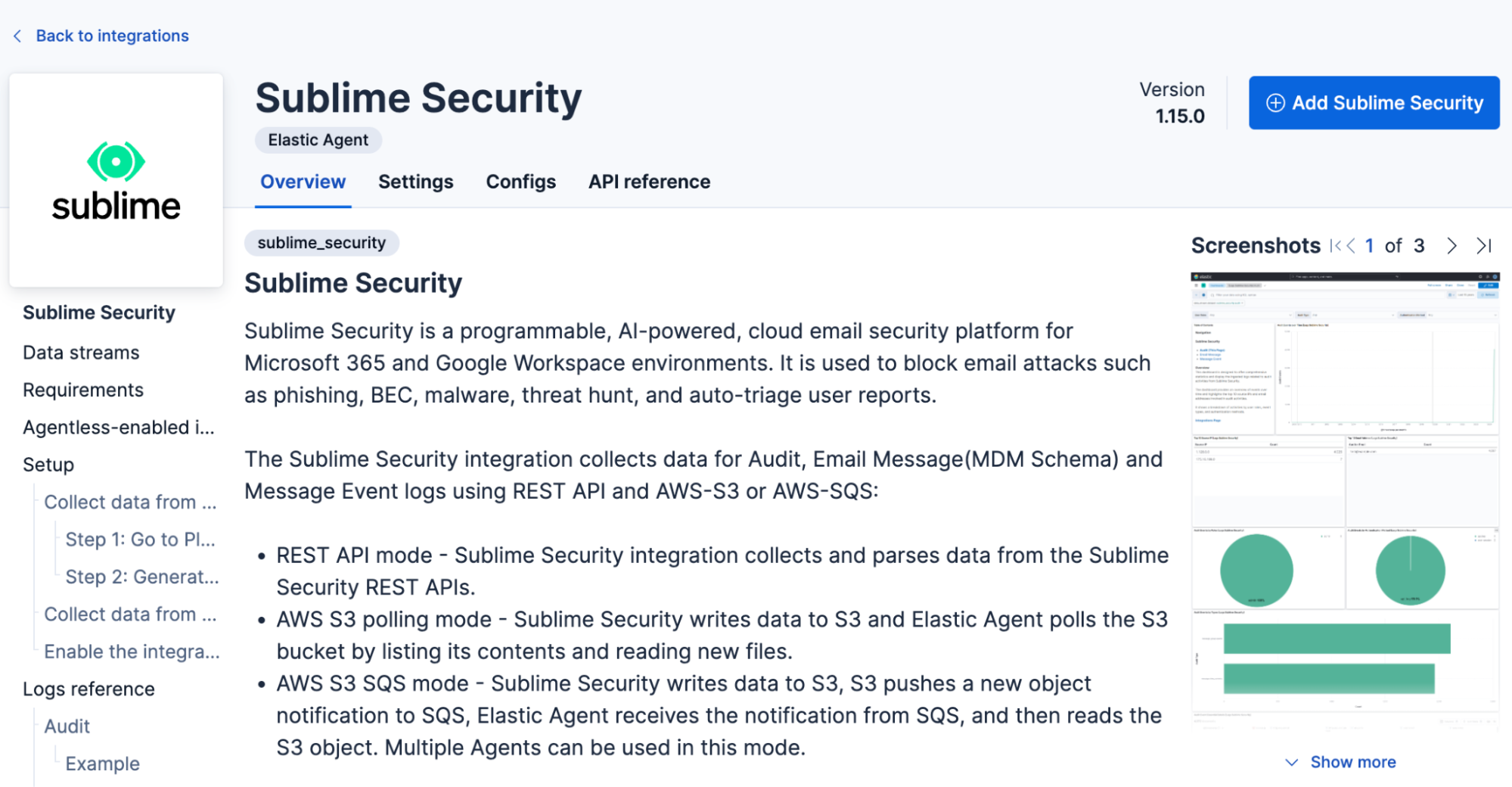 Sublime Security integration in Elastic, showing REST API and AWS S3 modes for collecting email security data