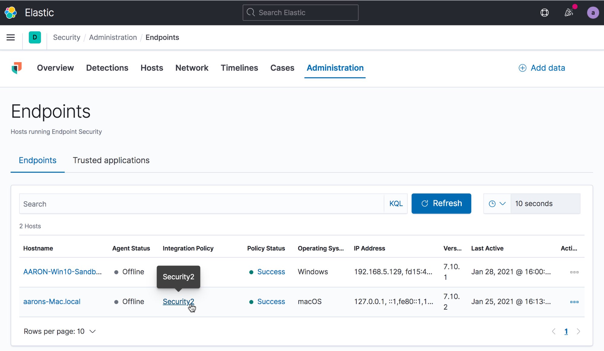 Endpoint Security integration policy view