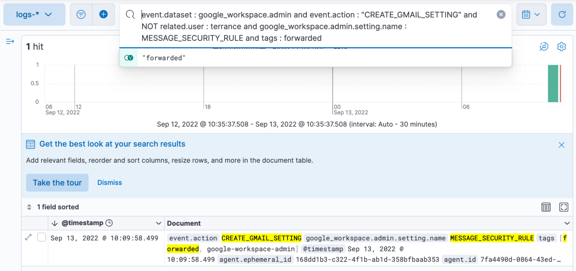 Custom query search in Elastic Stack Discover for email forwarding rule creation