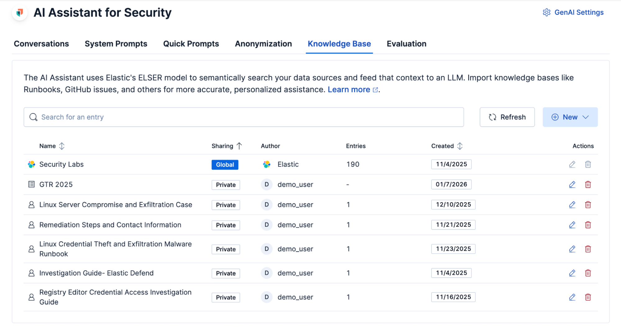 Elastic AI Assistant knowledge base entries