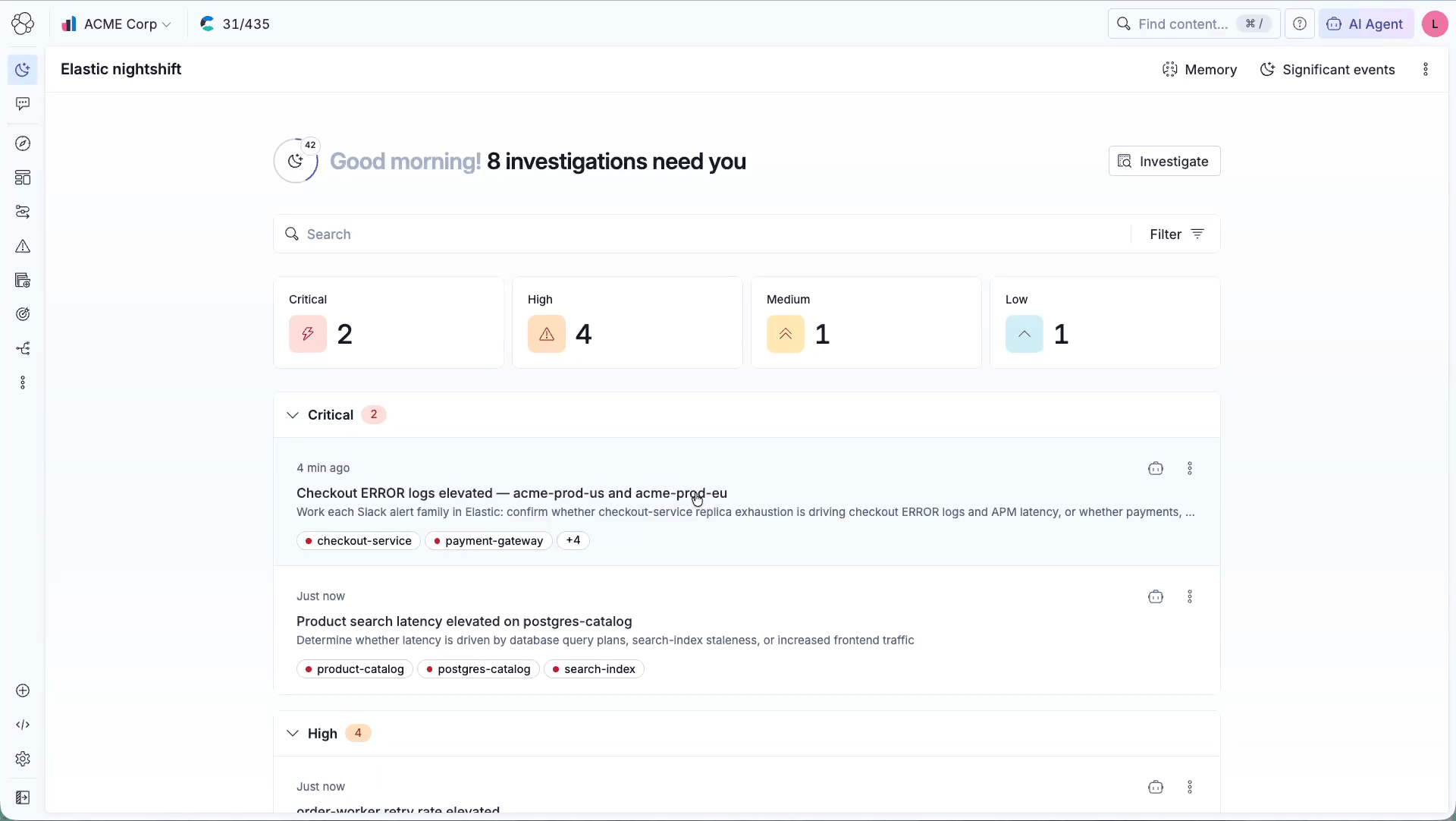 Animation of the Elastic nightshift AI SRE investigating an incident and showing each step of its reasoning
