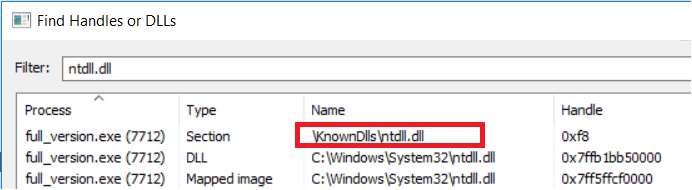 ntdll.dll mapped via KnownDlls technique