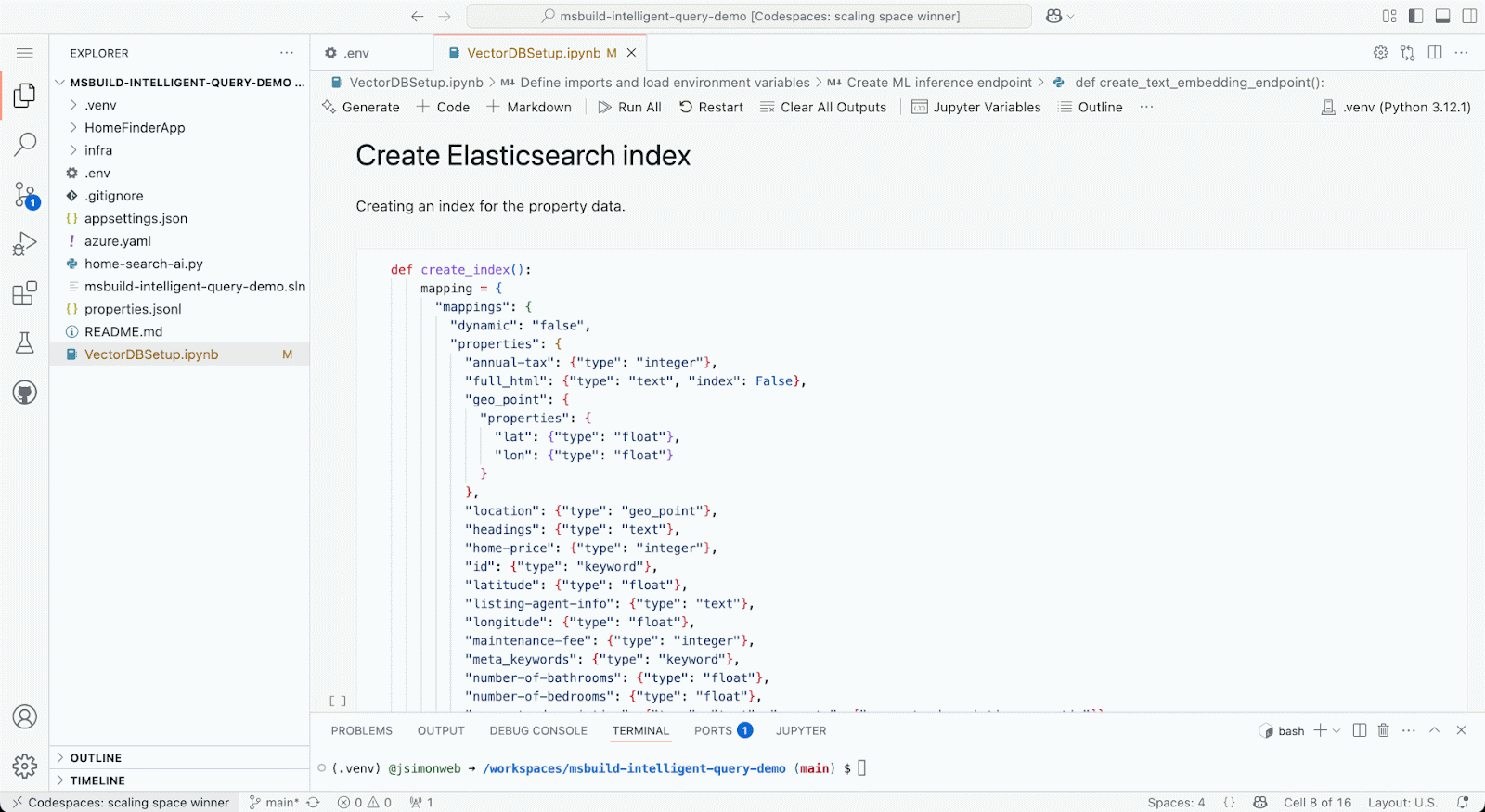 Erstellen eines Elasticsearch-Index mit Codespaces Notebook.
