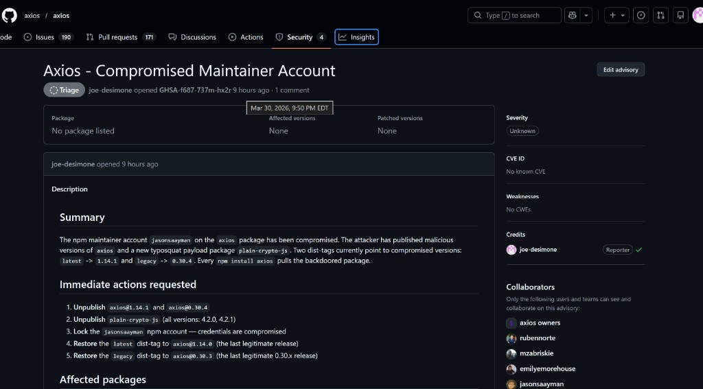 GitHub Security Advisory filed to the axios repository