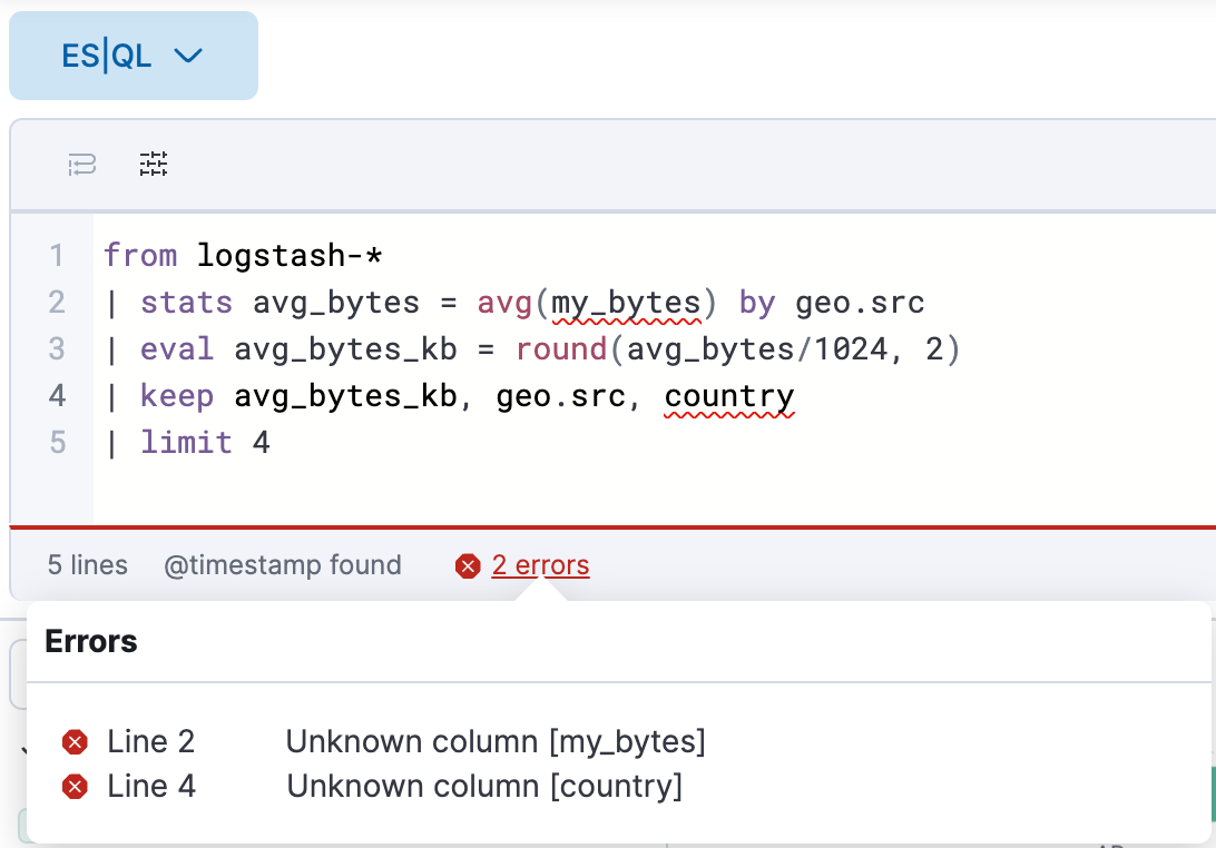 esql kibana editor errors collected