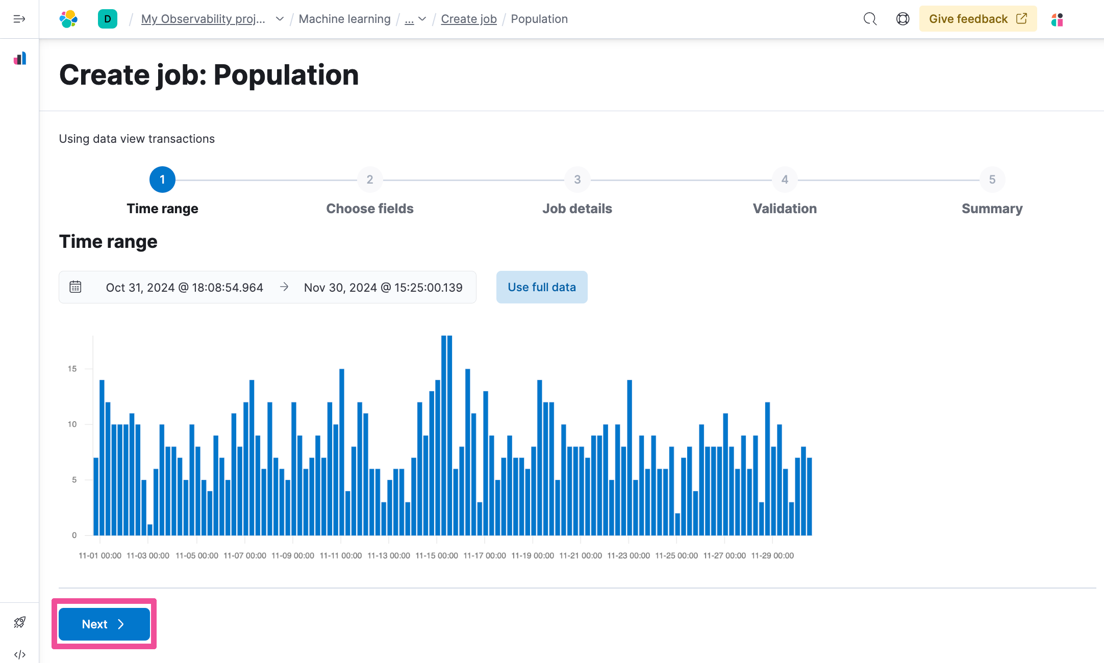 Select population wizard use full data anomaly detection job next