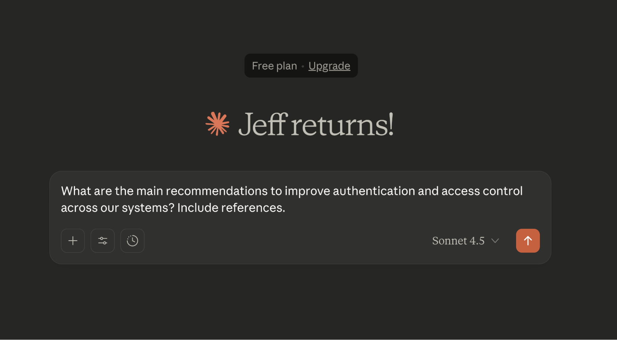 Claude Desktop 聊天,附有“Jeff 回来了”,外加一个新的用户问题:“在我们的系统中改进身份验证和访问控制的主要建议是什么?附上参考文献。”