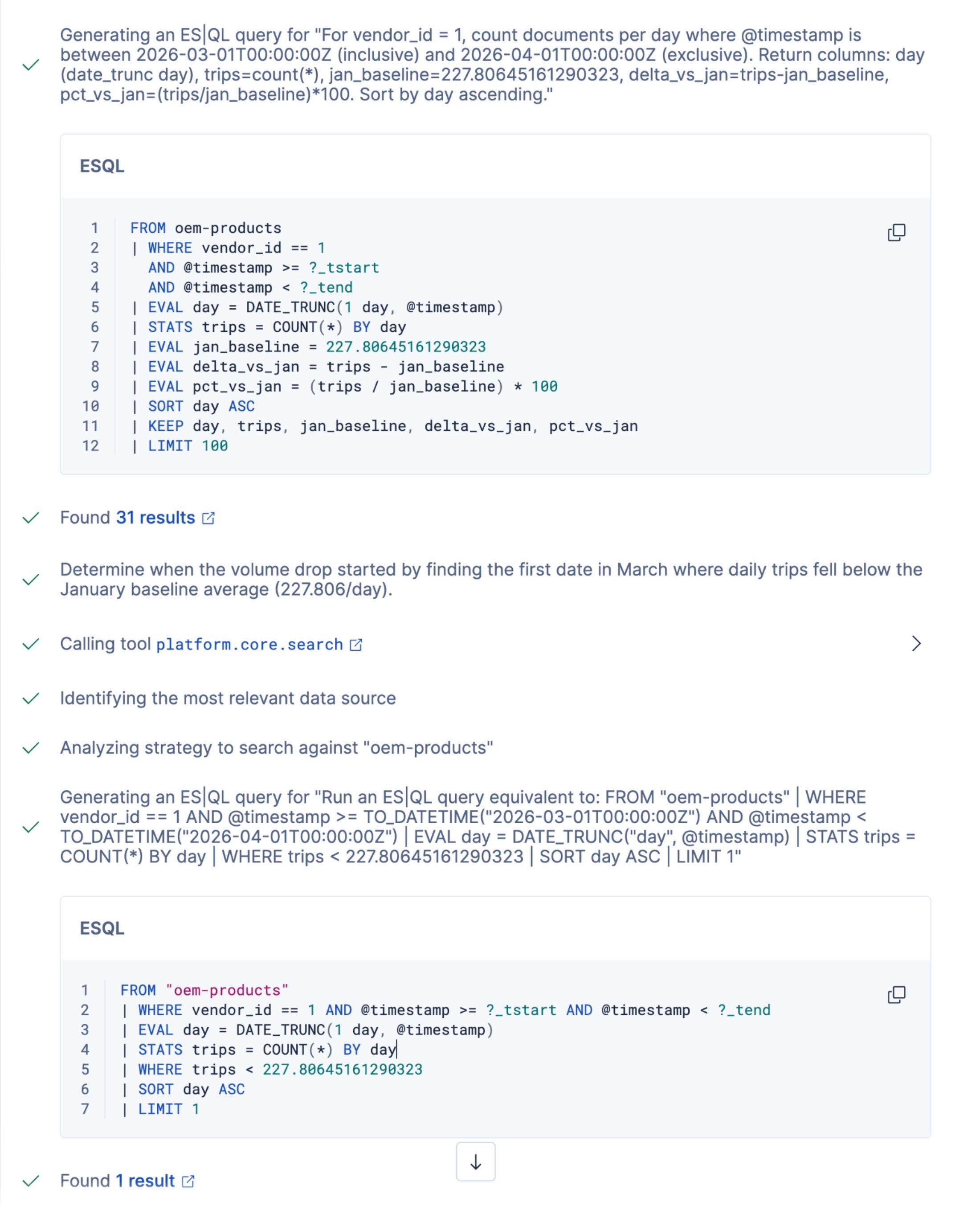 Agent processing steps showing ES|QL query generation and execution to find when the volume drop started