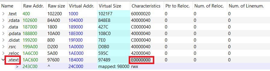 PE Bear showing newly added section with characteristics