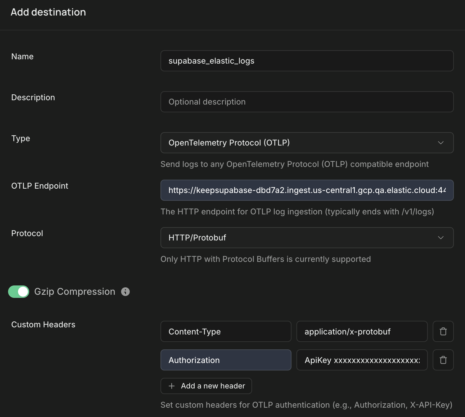Supabase Log Drains configured with an OpenTelemetry destination, HTTP/Protobuf, Gzip, and an Authorization ApiKey header