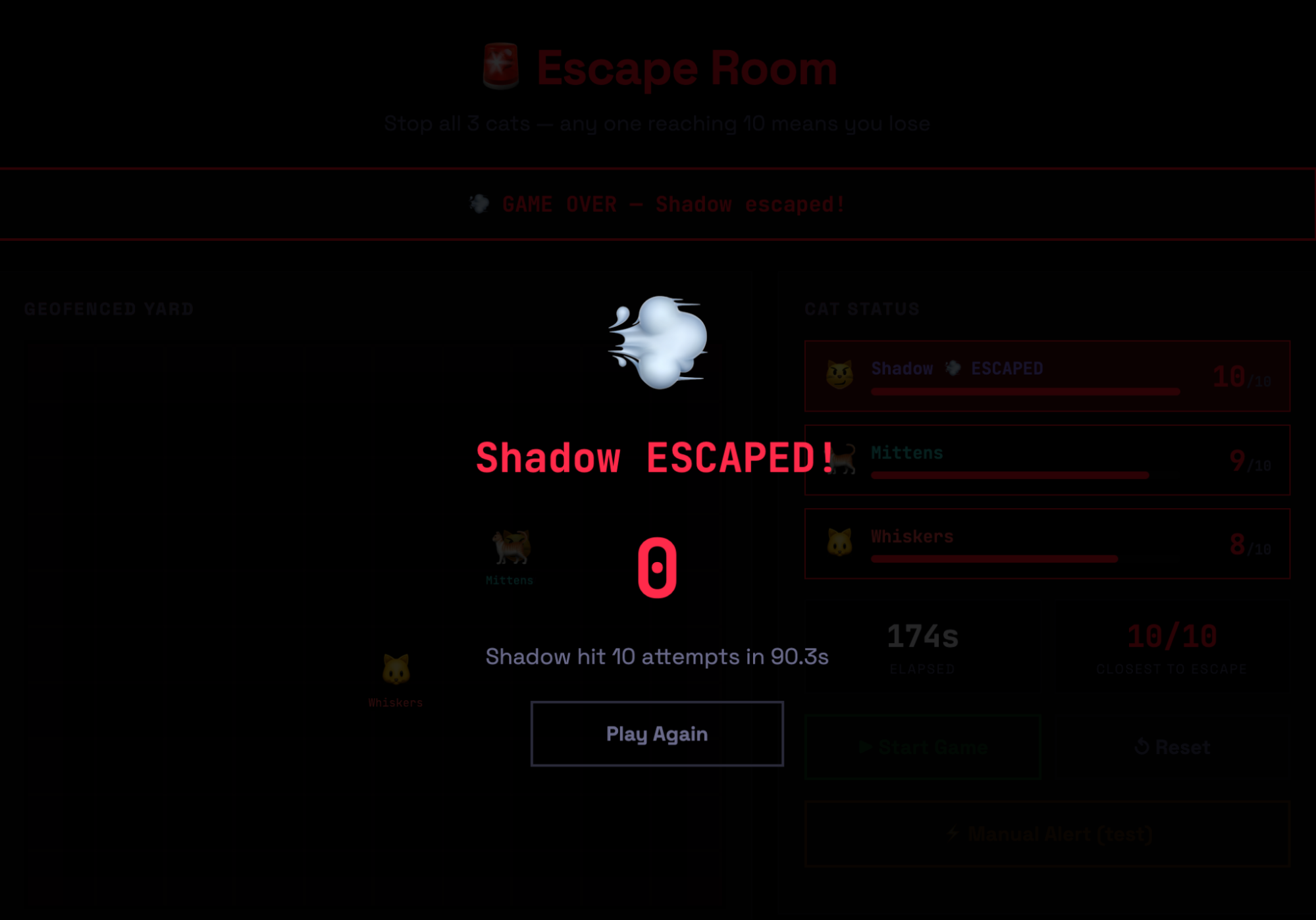 Great Cat Escape game over screen after Shadow reached 10 escape attempts in 90.3 seconds