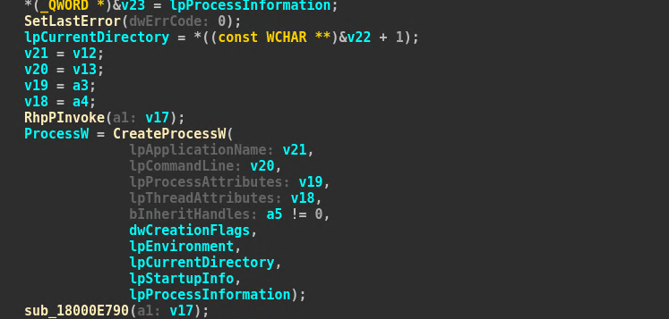  IDA pseudocode of a direct CreateProcessW call in mscoree.dll with no CREATE_SUSPENDED flag set.