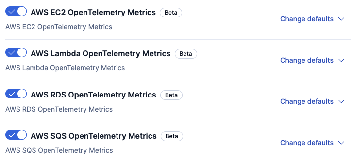 Enabling AWS EC2, Lambda, RDS and SQS OpenTelemetry metrics namespaces in the Elastic CloudWatch integration