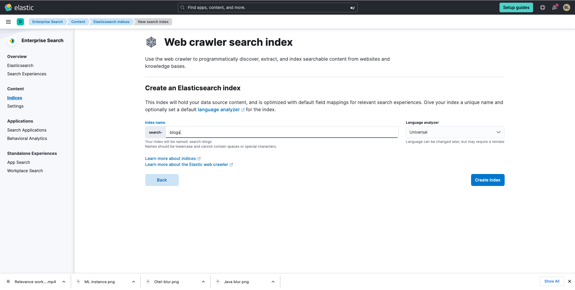 Web crawler search index