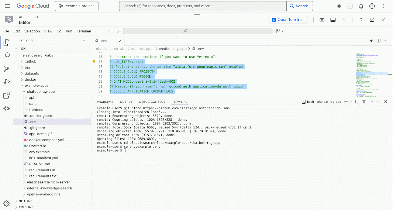Using the Google Cloud Shell Editor to update the .env configuration file to use Vertex AI.