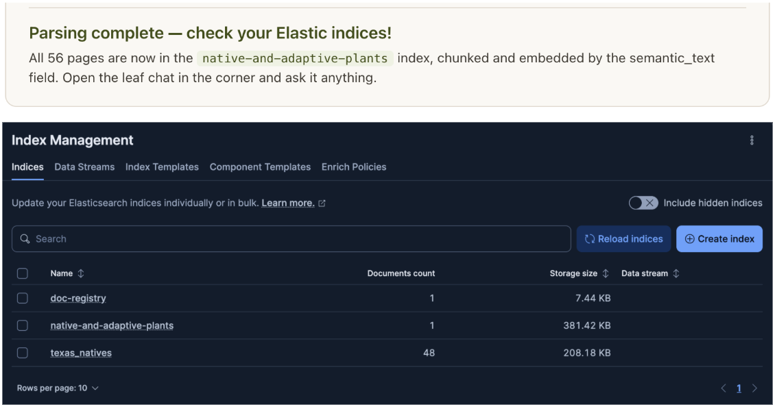 Parsing complete banner and the new Elasticsearch index shown in Kibana Index Management