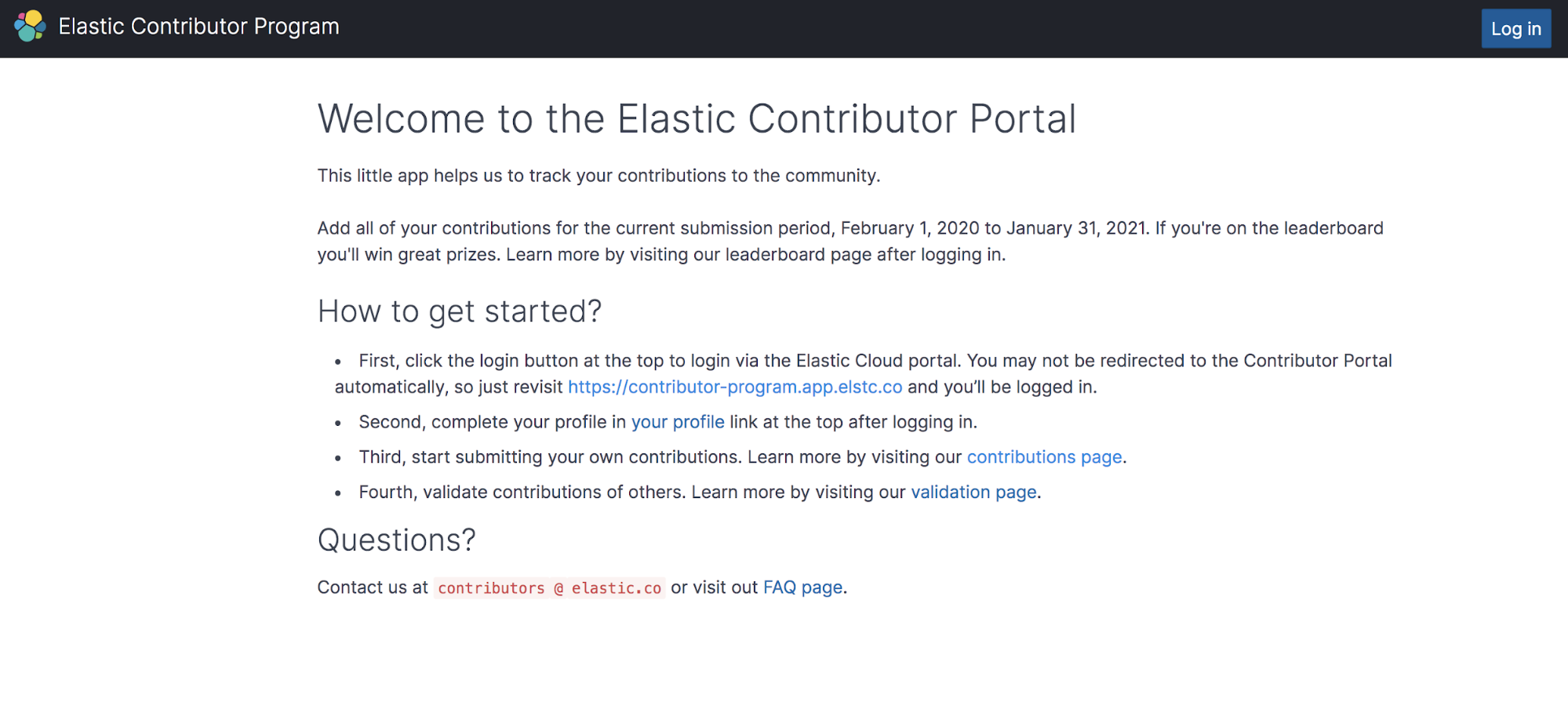 Elastic Contributor Program welcome screen