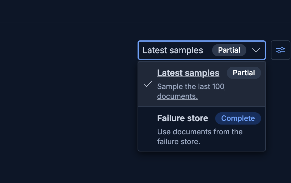 Sample source dropdown showing Latest samples and Failure store options