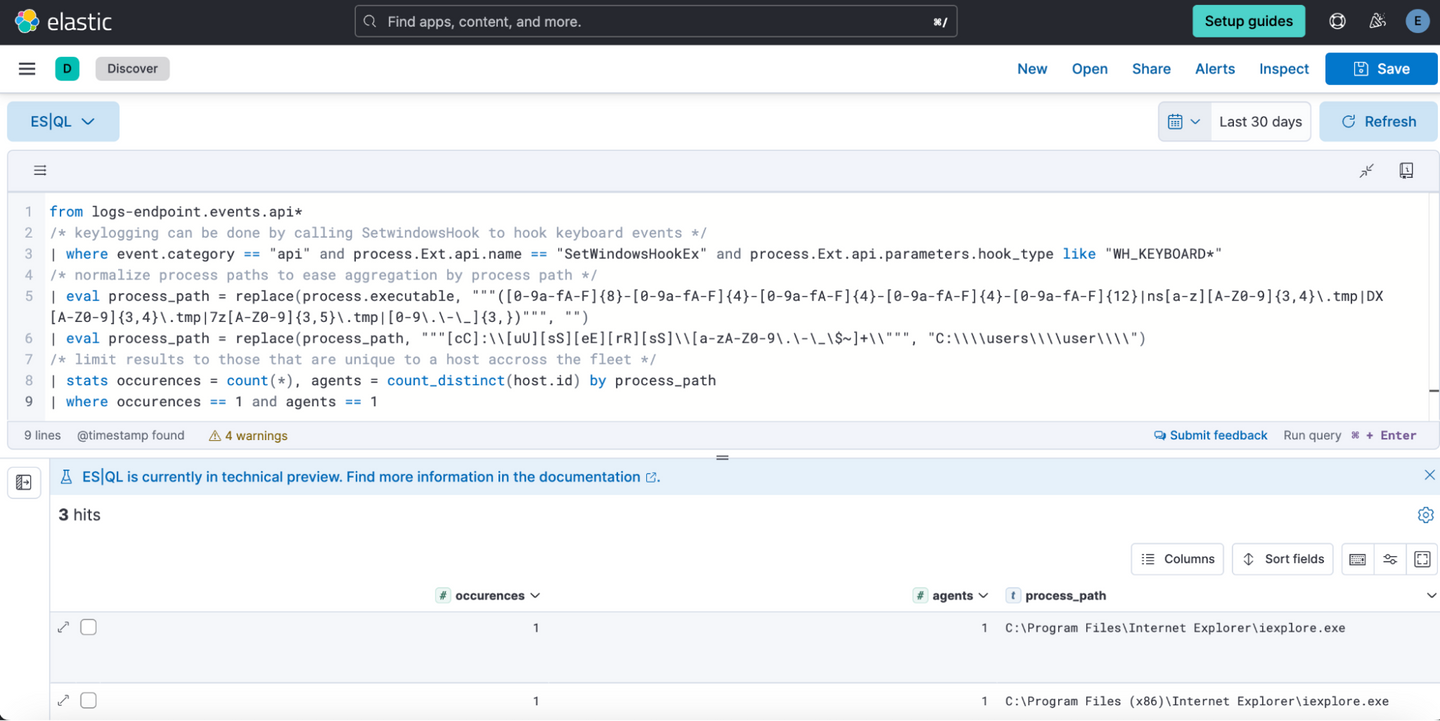 ES|QL hunt for rare processes calling SetWindowsHoook to hook keyboard events