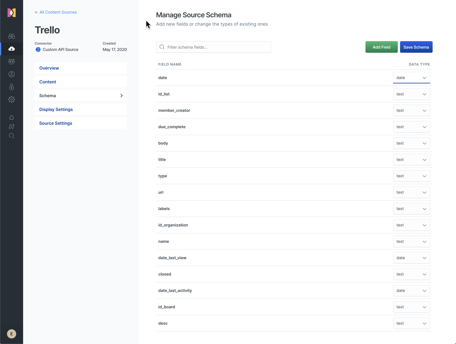 Updating schema with modified field types