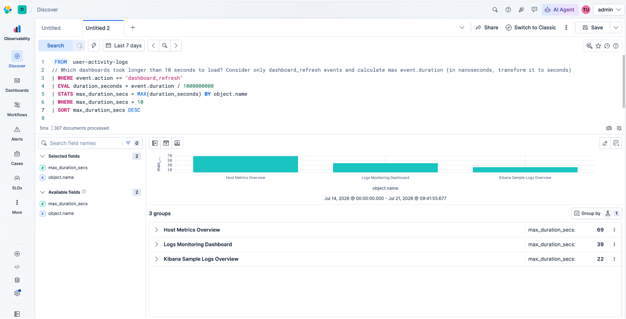 ES|QL query ranking slow Kibana dashboards by load time, topped by Host Metrics Overview at 69 seconds