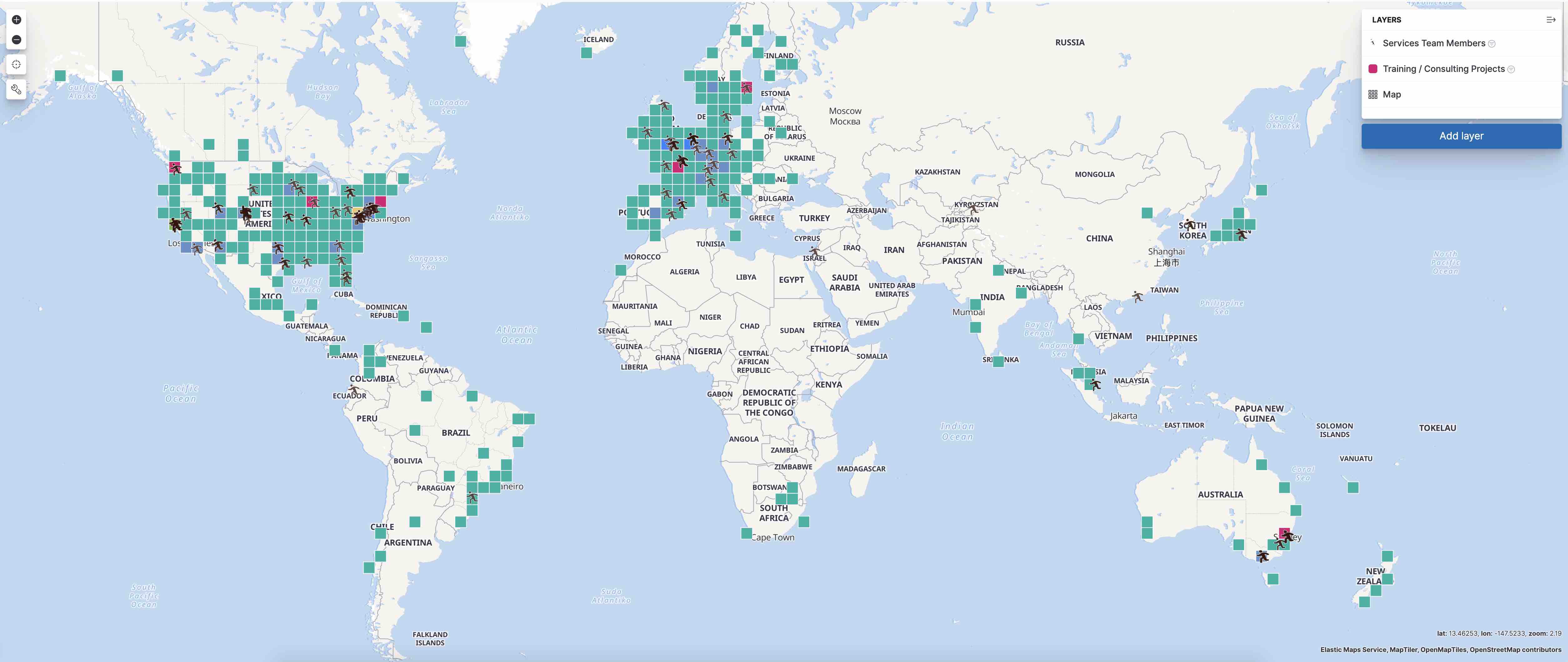 A comparison of the locations of our trainers and consultants to the locations of trainings and engagements.