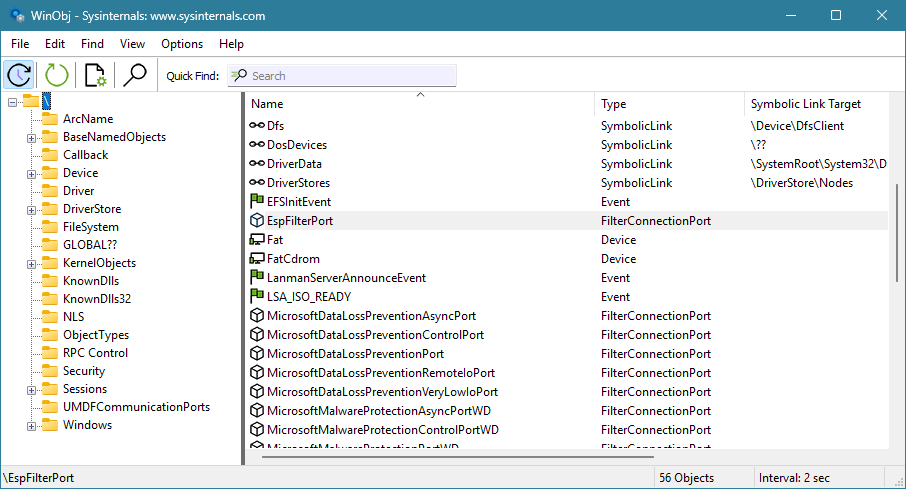 WinObj showing EspFilterPort as a FilterConnectionPort in the Windows object manager root directory