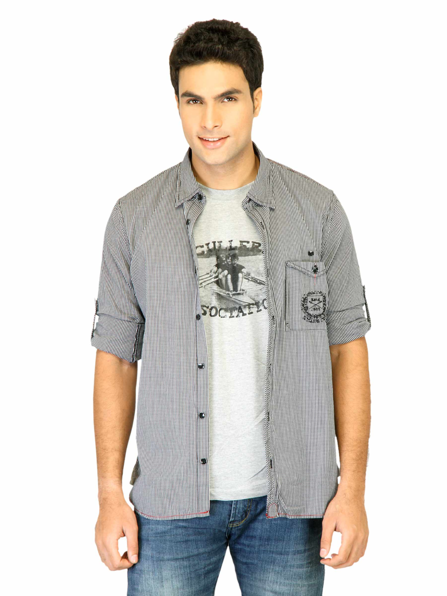 Product photo of a black and white checked men's shirt used as a sample item in a multimodal product search embeddings benchmark