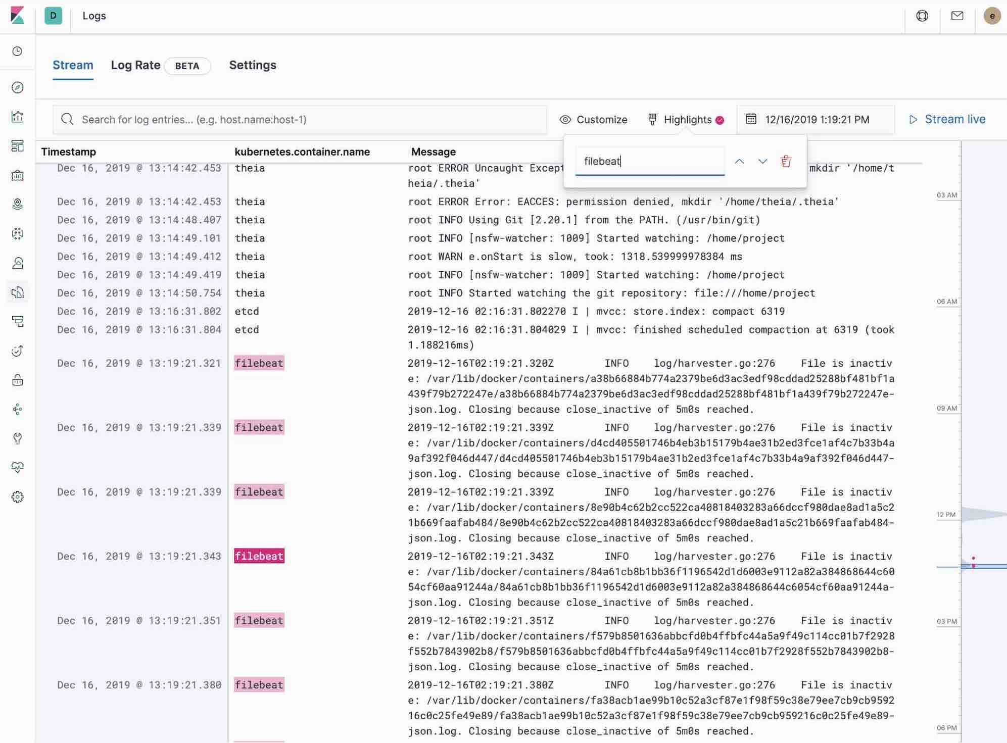 Searching for Filebeat entries in the Logs app in Kibana