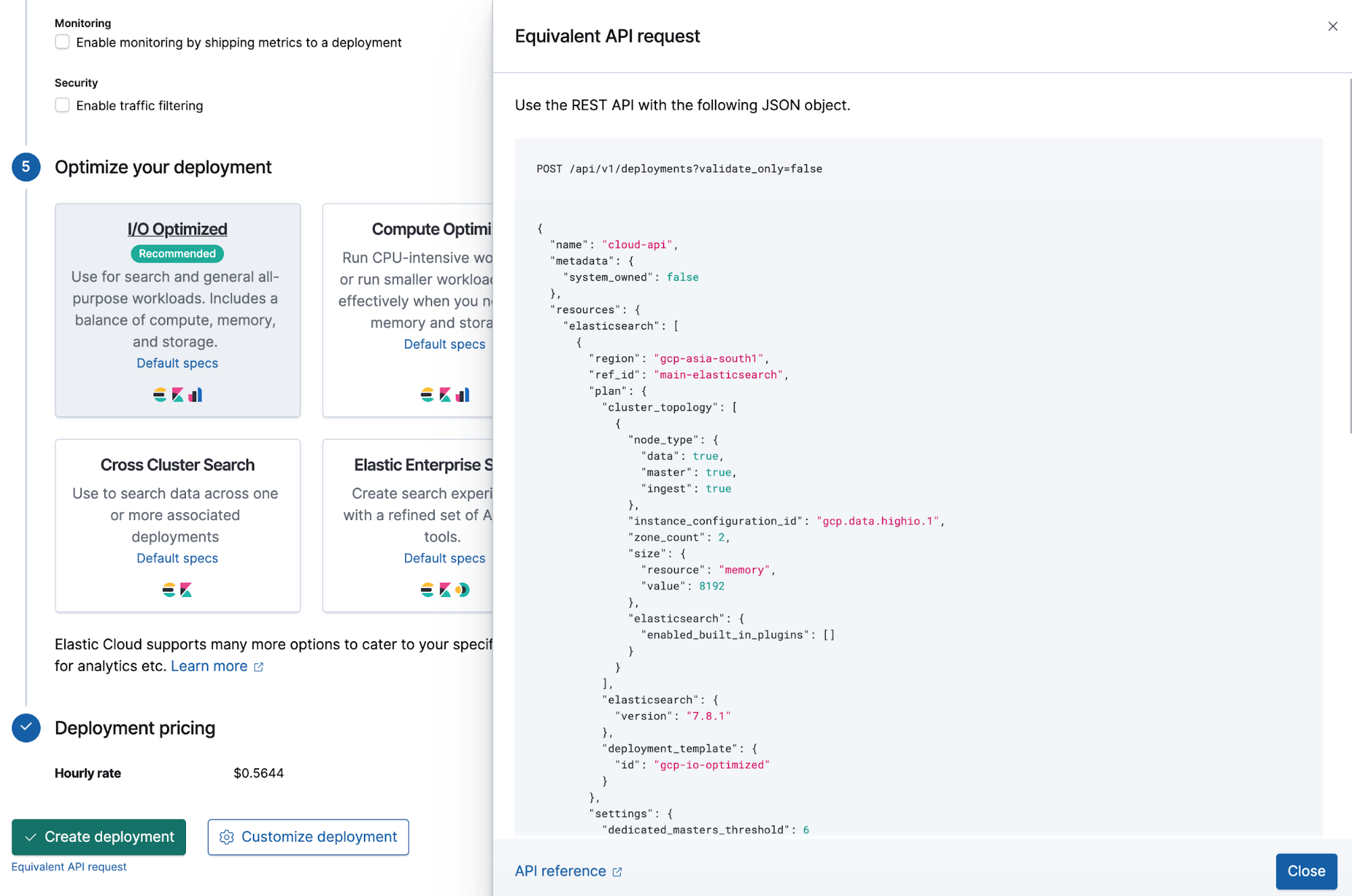 Equivalent REST API request for the selected Cloud Platform and Region in Elastic Cloud Console