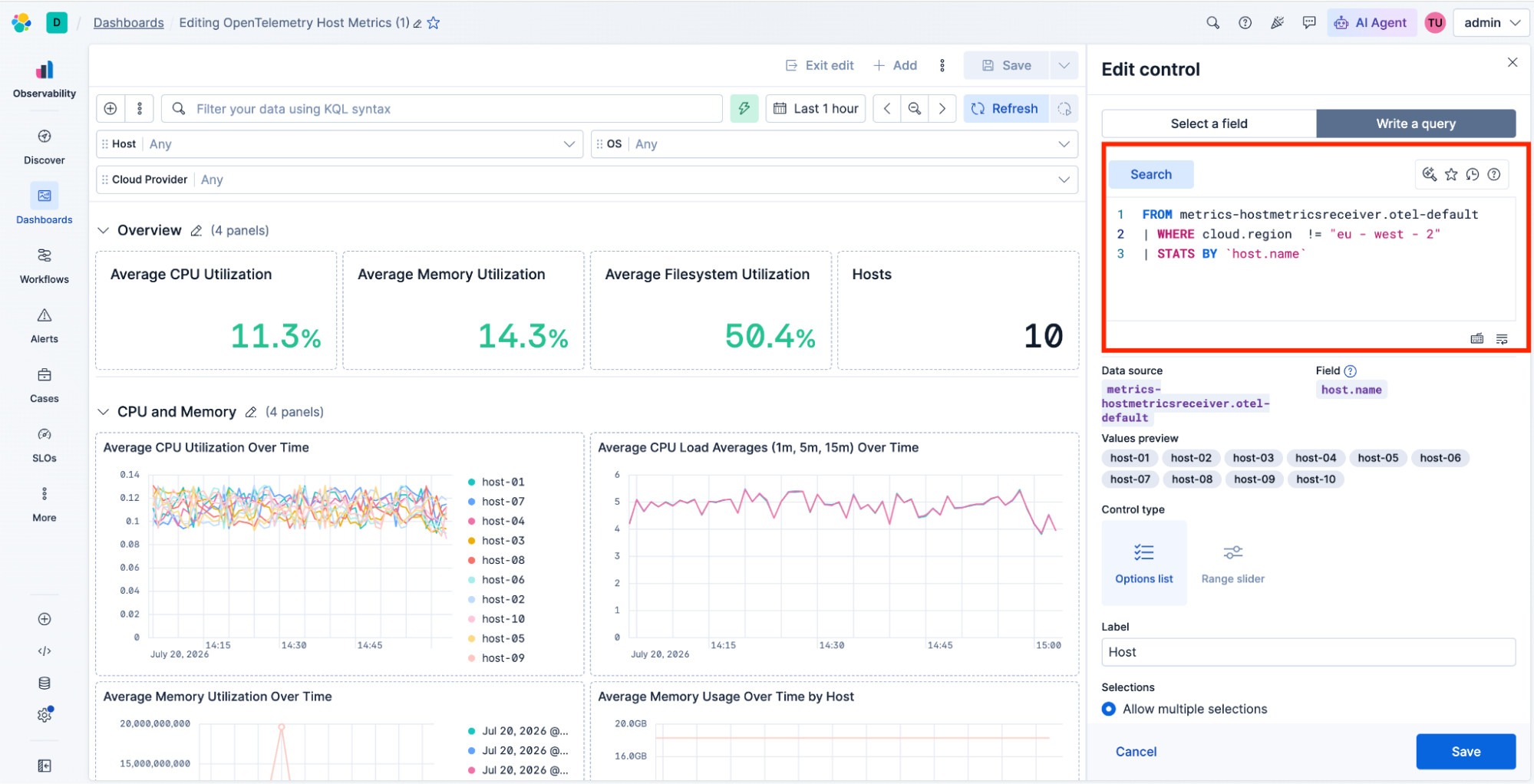 Kibana Edit control flyout showing an ES|QL query populating a Host options list on a dashboard