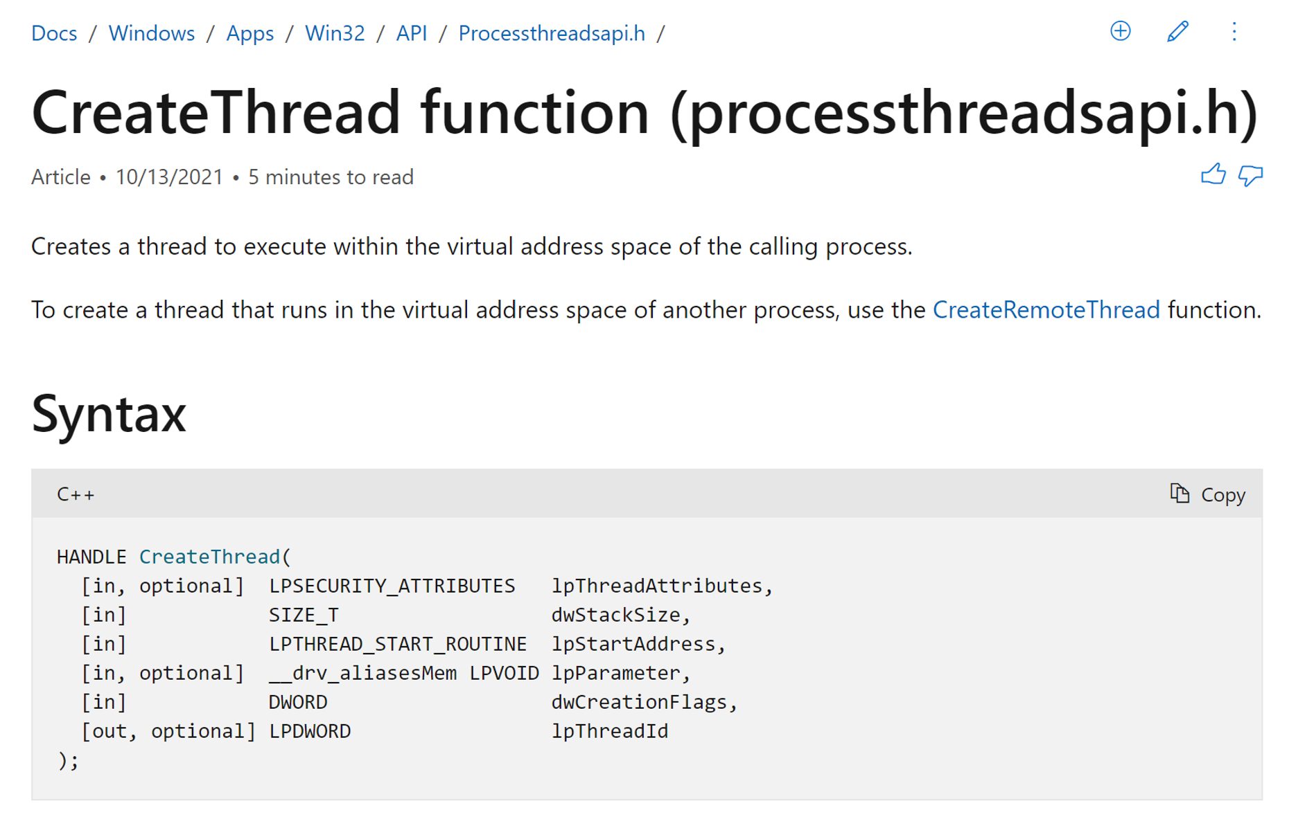 Microsoft documentation for the CreateThread API