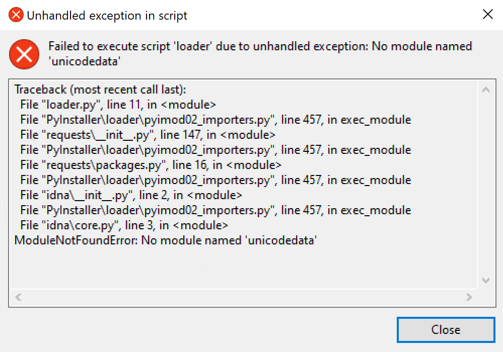 PyInstaller error dialog showing the first-stage Python loader failing on a missing dependency